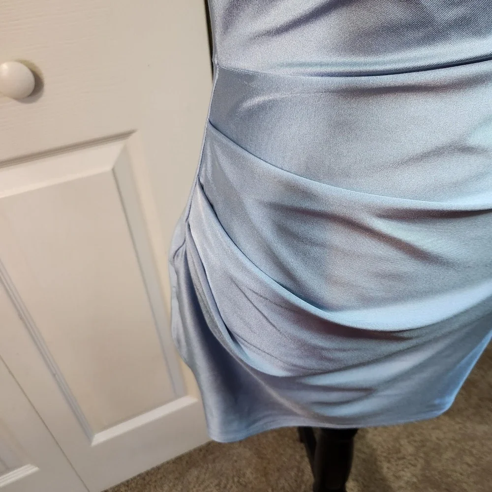 Windsor Light Blue Ruched Satin Cowl Neck Bodycon Mini Dress Large L Stretch